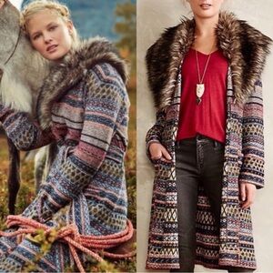 EUC Anthropologie Angel of the North Belted Faux Fur Collar Sweater Coat Sz S
